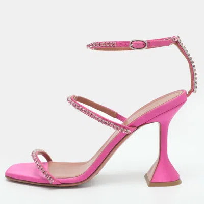 Pre-owned Amina Muaddi Gilda Size 37.5 Pink Satin Ankle Strap Sandals