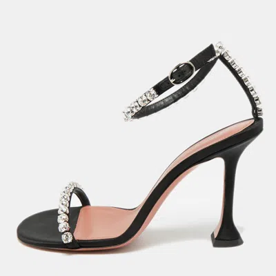 Pre-owned Amina Muaddi Gilda Size 38 Black Satin Crystal Emebellished Ankle Strap Sandals