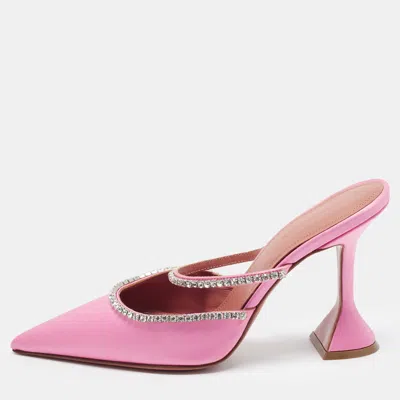 Pre-owned Amina Muaddi Gilda Size 38 Pink Satin Crystal Embellished Mules