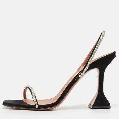 Pre-owned Amina Muaddi Gilda Size 38.5 Black Satin Crystal Embellished Slide Sandals