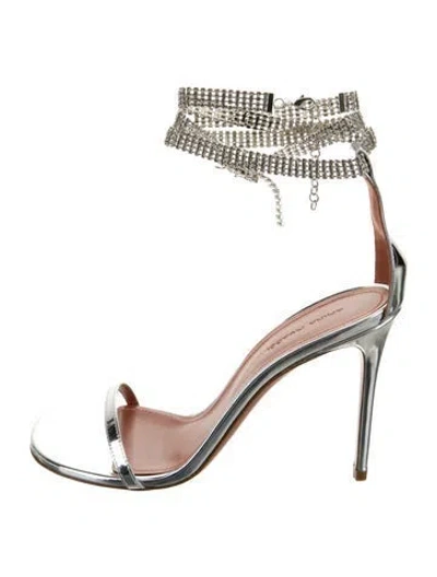 Pre-owned Amina Muaddi Giorgia Leather Sandals In Silver