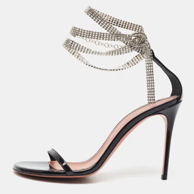 Pre-owned Amina Muaddi Giorgia Size 38.5 Black Patent Leather Crystal Embellished Ankle Strap Sandals