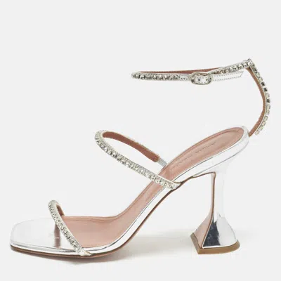 Pre-owned Amina Muaddi Glida Size 37 Silver Leather Ankle Strap Sandals