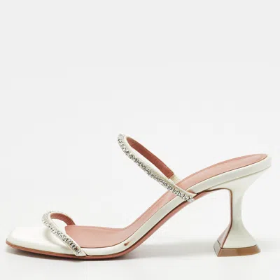 Pre-owned Amina Muaddi Glida Size 37 White Satin Crystal Embellished Slide Sandals