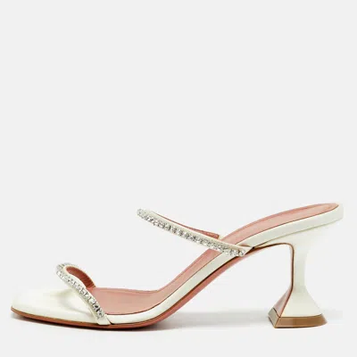 Pre-owned Amina Muaddi Glida Size 37.5 White Satin Slide Sandals