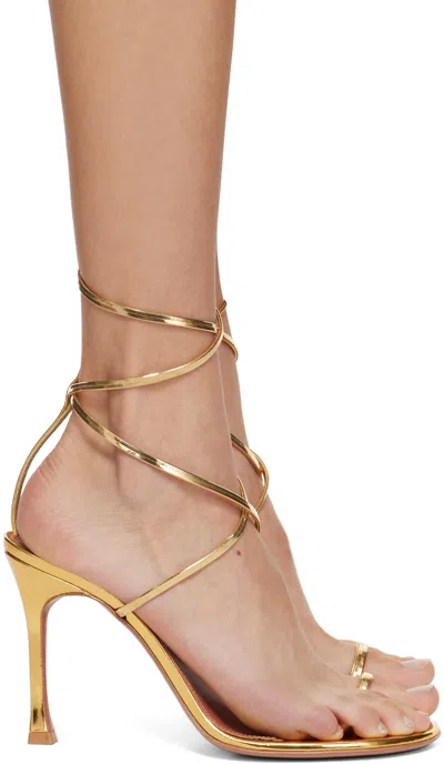 AMINA MUADDI GOLD HENSON THONG LACE UP HEELED SANDALS