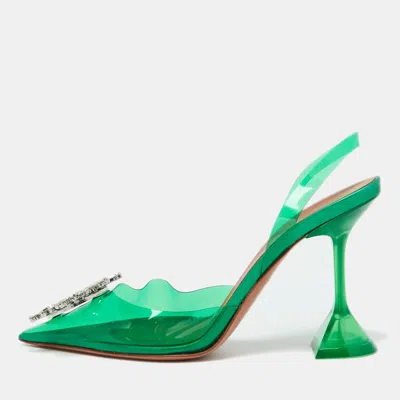 Pre-owned Amina Muaddi Green Pvc Crystal Embellished Begum Slingback Pumps Size 37