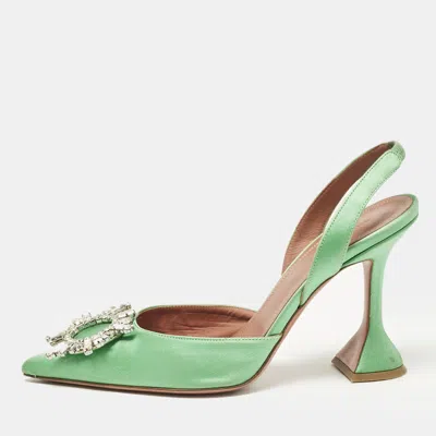 Pre-owned Amina Muaddi Green Satin Begum Slingback Pumps Size 38
