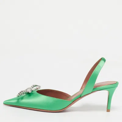 Pre-owned Amina Muaddi Green Satin Rosie Slingback Pumps Size 37