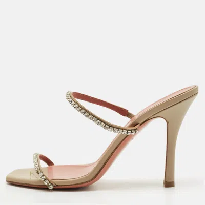 Amina Muaddi Grey Leather Crystal Embellished Gilda Slide Sandals In Brown