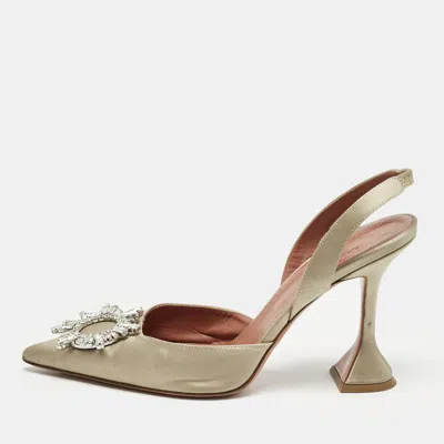 Pre-owned Amina Muaddi Grey Satin Begum Crystal-embellished Slingback Pumps Size 41