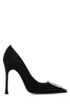Amina Muaddi 90mm Camelia Embellished Satin Pumps In Satinblackwhitebuckle
