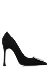 Amina Muaddi 90mm Camelia Embellished Satin Pumps In Satinblackwhitebuckle