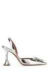 Amina Muaddi Rosie Sling 95 Dark Grey Mirror Patent Pumps In Silver
