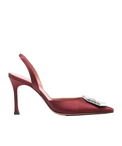 Amina Muaddi Camelia Crystal Buckle Slingback Pump In Satin Wine White Buckle