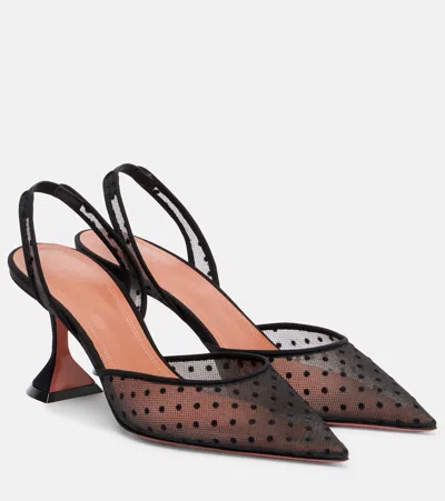 Amina Muaddi Holli Leather-trimmed Flocked Polka-dot Mesh Slingback Pumps In Black