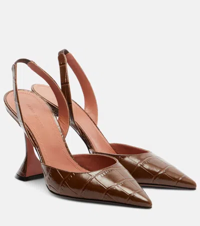 Amina Muaddi Holli Croc-effect Leather Slingback Pumps In Brown