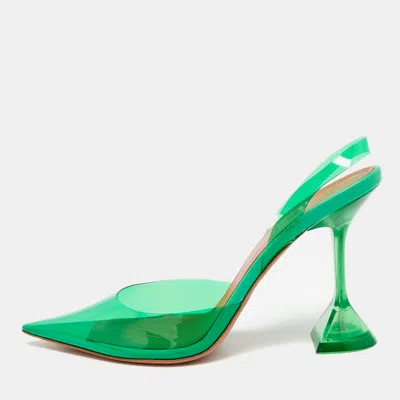 Pre-owned Amina Muaddi Holli Glass Size 38 Green Pvc Pointed Toe Slingback Sandals