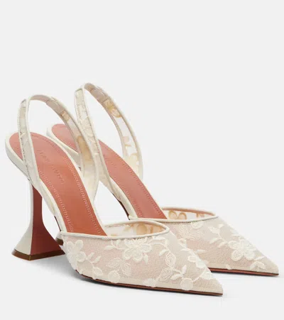 Amina Muaddi Holli Leather-trimmed Lace Slingback Pumps In Neutral