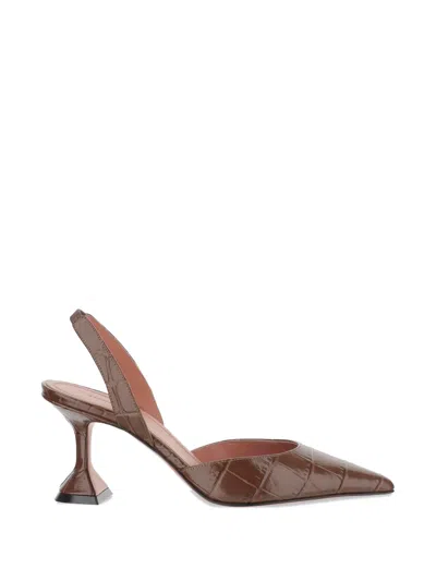 Amina Muaddi Holli Croc-effect Leather Slingback Pumps In Brown