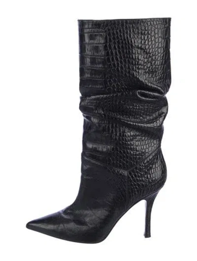 Pre-owned Amina Muaddi Ida Embossed Leather Boots In Black