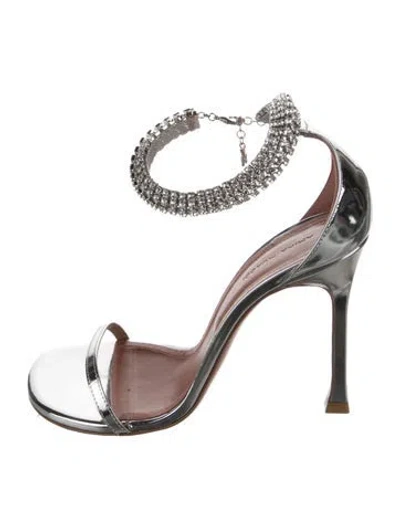Pre-owned Amina Muaddi Iman Patent Leather Sandals In Silver