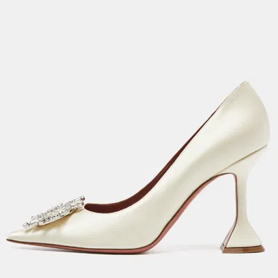 Pre-owned Amina Muaddi Ivory Satin Begum Pumps Size 38.5 In White