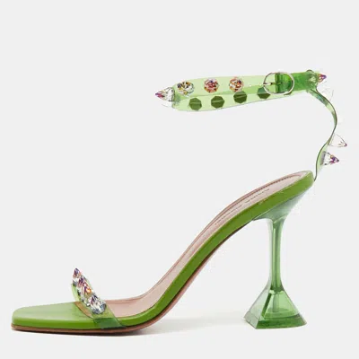 Pre-owned Amina Muaddi Julia Studded Size 37 Green Pvc Ankle Strap Sandals