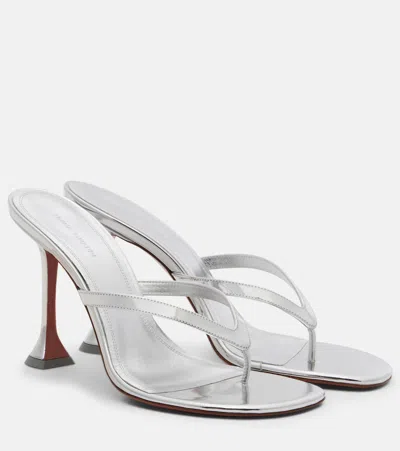 Amina Muaddi Juliette Thong Mules Mirrored Leather Heel In Silver