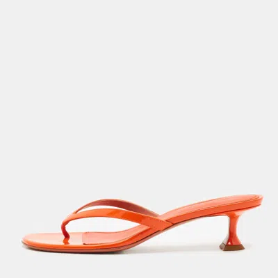Pre-owned Amina Muaddi Juliette Size 39.5 Orange Patent Leather Thong Slide Sandals