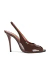 Amina Muaddi Open-toe Brown Patent Leather Stiletto Pumps In Chocolate