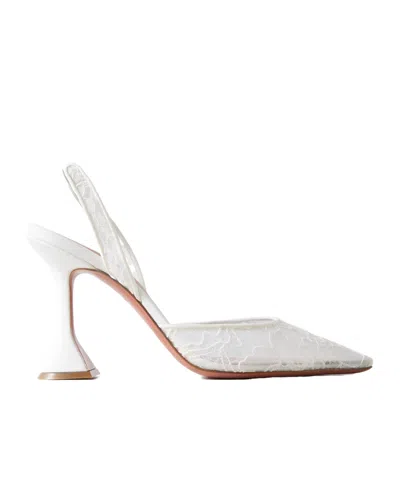 Amina Muaddi Lace And Leather Slingback Pumps In White