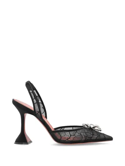 Amina Muaddi Lace Pumps With 95mm Signature Heel And Crystal-embellished Bow In Black