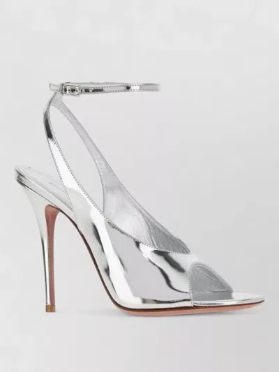Amina Muaddi Leather Anok Sandals Open Toe Sling Back In Silver