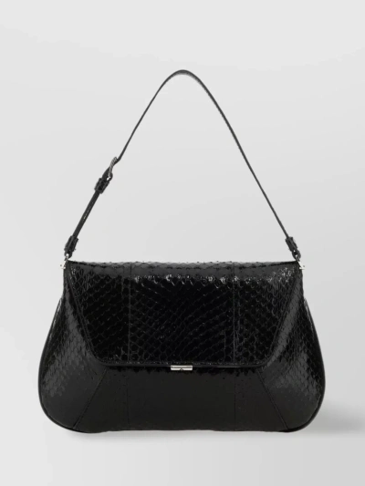 Amina Muaddi Leather Handbag With Curved Base And Reptile Motif Embossing In Black