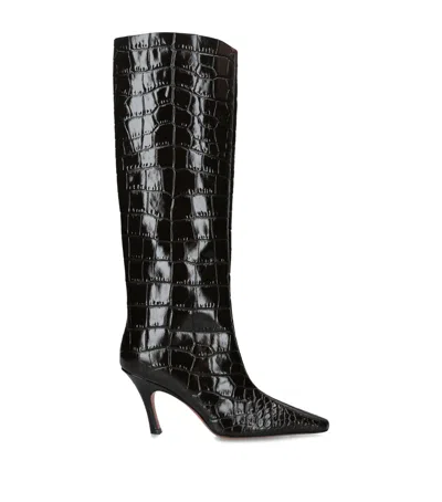 Amina Muaddi Leather Mona Knee-high Boots 80 In Black