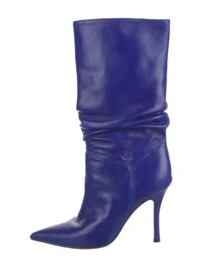 Pre-owned Amina Muaddi Leather Pleated Accents Slouch Boots In Blue