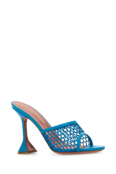 Amina Muaddi Light Blue Leather And Mesh Lupita Net 95 Mules