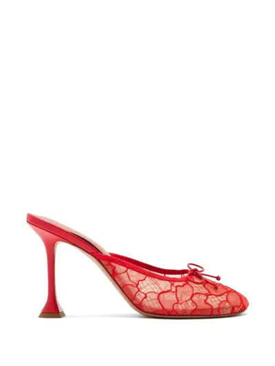 Amina Muaddi Lila Lace-overlay Bow-detail Mules In Red