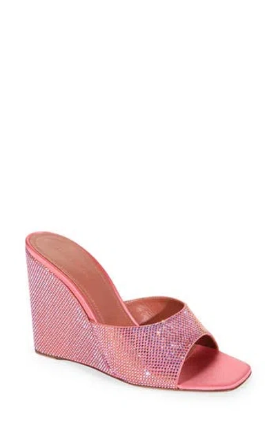 Amina Muaddi Lupita Crystal-embellished Satin Wedge Sandals In Satin Rose + Peach Shimmer