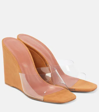 Amina Muaddi Lupita Half Glass Pvc And Suede Wedge Mules In Transparent