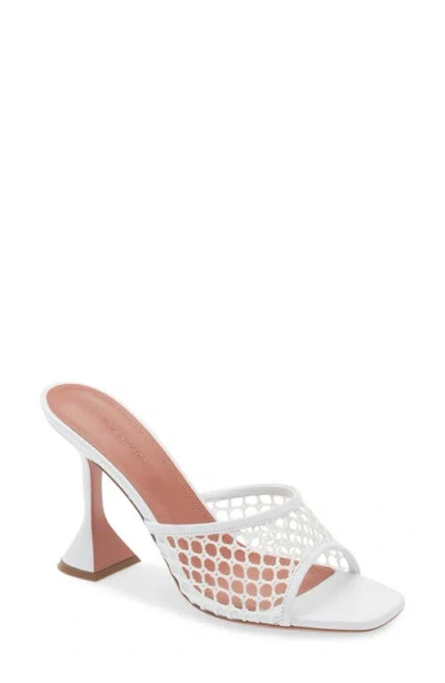 Amina Muaddi Lupita Net Leather Mesh Peep Toe Mules In White