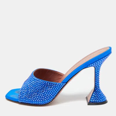 Pre-owned Amina Muaddi Lupita Size 38 Blue Satin Crystal Embellished Slide Sandals