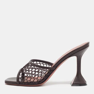 Pre-owned Amina Muaddi Lupita Size 38 Dark Brown Leather And Net Slide Sandals