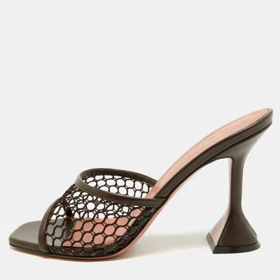 Pre-owned Amina Muaddi Lupita Size 38.5 Brown Leather And Net Slide Sandals