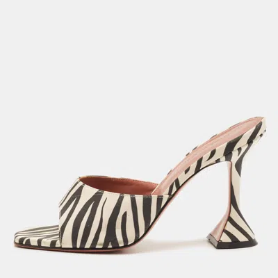 Pre-owned Amina Muaddi Lupita Size 39 Black/white Zebra Print Satin Slide Sandals