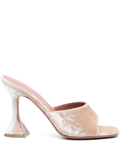 Amina Muaddi Velvet Mules With Sculpted Heel And Square Toe In Gold