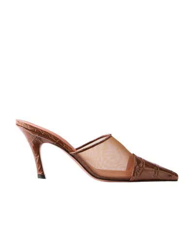 Amina Muaddi Jamie Mesh And Croco-embossed Leather Mules In Brown