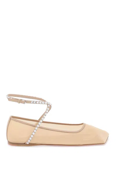Amina Muaddi Ane Mesh Crystal Ankle-strap Ballerina Flats In Neutro