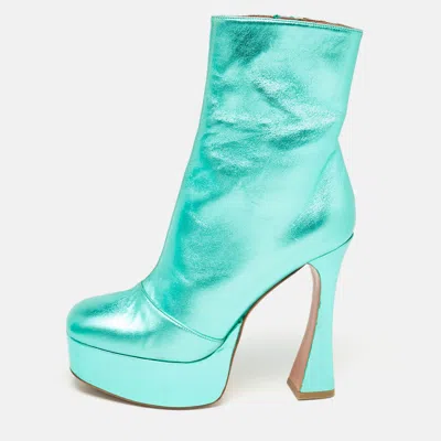 Amina Muaddi Metallic Green Leather Platform Ankle Boots In Blue